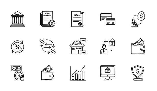 Loan finance banking thin outline icons vector pixel perfect financial collection
