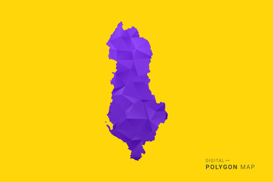 Albania Map - Low poly polygon map in vibrant purple gradient on bold yellow background, modern minimal geometric style, clean digital vector illustration.