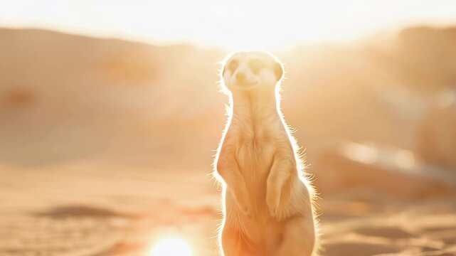 Meerkat standing alert on desert sand at golden hour sunrise with warm backlight and soft glow