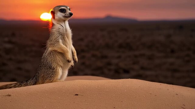 Sunset meerkat standing sand dune watching desert horizon with warm glowing sky and soft orange glow