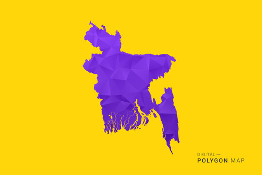Bangladesh Map - Low poly polygon map in vibrant purple gradient on bold yellow background, modern minimal geometric style, clean digital vector illustration.