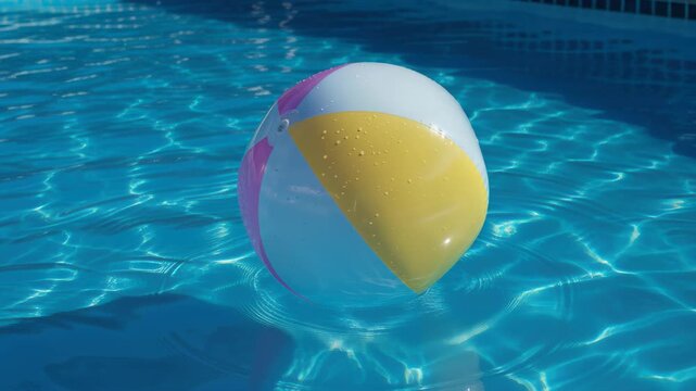 Beach ball floating in swimming pool: A vibrant beach ball bobs gently on the clear, inviting water of a swimming pool, evoking memories of summer fun and relaxation.