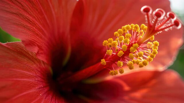 Crimson Hibiscus Blossom: A close-up shot captures the exquisite detail of a vibrant red hibiscus flower, revealing its delicate petals and intricate stamen.