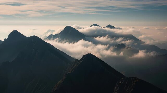 Mountain Peaks Amidst the Clouds: Dramatic mountain range, with peaks piercing through a sea of clouds, basking in sunlight. A stunning display of nature's grandeur and the serenity of the sky.