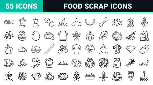 Food Waste and Organic Composting Icon Set Featuring Ultra-Minimalist Geometric Line Art for Sustainable Waste Management Systems