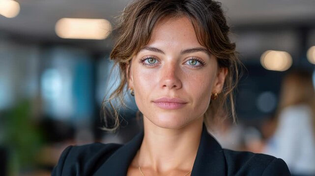 Confident Professional Portrait: A portrait of a sophisticated businesswoman. Her poised expression speaks volumes, embodying success and determination in a corporate setting.