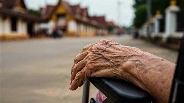 The Passage of Time: An intimate portrait captures the lines etched by time and experience on the skin of an elderly hand, resting gently against a backdrop of life.