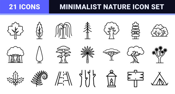 Ultra-minimalist monoline forest tree icon set featuring geometric line art silhouettes for ecological database indexing and map UI design.