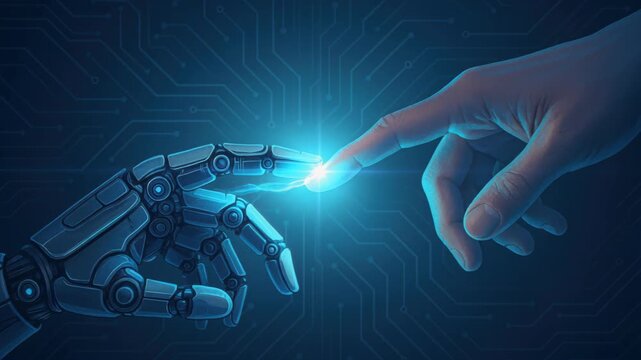 A Touch of Innovation: Human and robotic hands extend towards each other, symbolizing the intersection of humanity and technology, creating a moment of connection and futuristic possibilities. 