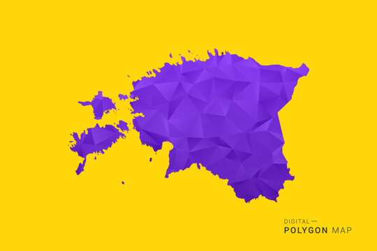 Estonia Map - Low poly polygon map in vibrant purple gradient on bold yellow background, modern minimal geometric style, clean digital vector illustration.
