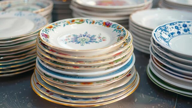 Stacks of Plates: An assortment of colorful plates, stacked and ready, showcasing an array of floral and patterned designs in an appealing composition, suggestive of dining or display. 