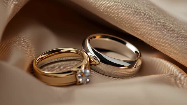 Gold engagement ring with solitaire diamond wedding band on silk fabric romantic closeup sparkle