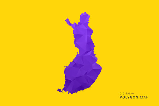 Finland Map - Low poly polygon map in vibrant purple gradient on bold yellow background, modern minimal geometric style, clean digital vector illustration.