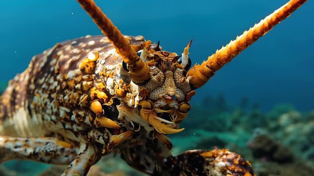 Spiny lobster close up textured shell and long antennae on colorful coral reef underwater crustacean
