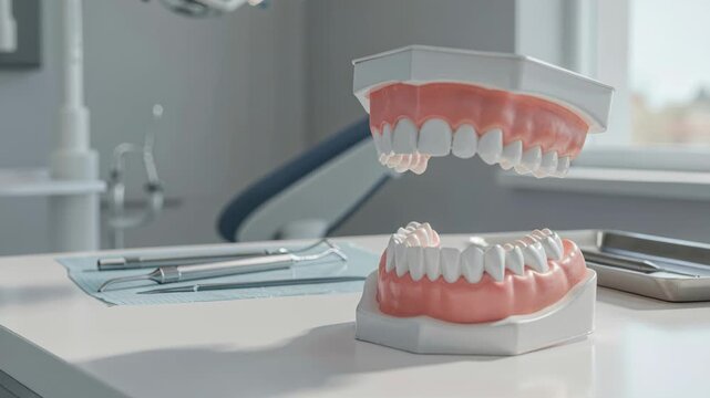 Dental Health Essentials: A detailed view of dental models and instruments arranged meticulously on a clean surface, emphasizing oral hygiene and care.