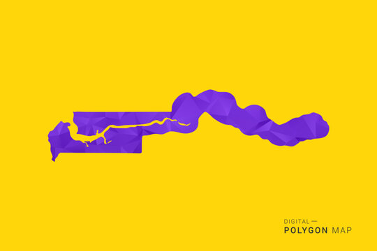 Gambia Map - Low poly polygon map in vibrant purple gradient on bold yellow background, modern minimal geometric style, clean digital vector illustration.