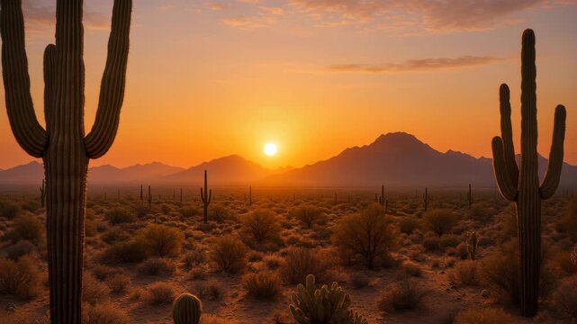 Desert Sunset Panorama: The sun dips below the horizon, painting the desert landscape with fiery hues, showcasing the iconic saguaro cacti silhouetted against the warm sky.