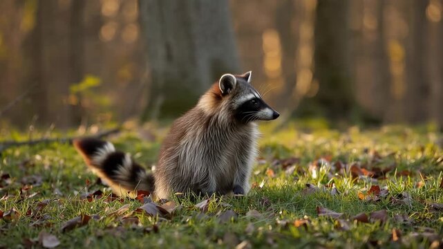 Curious raccoon portrait in autumn forest grass at golden hour peaceful wildlife scene