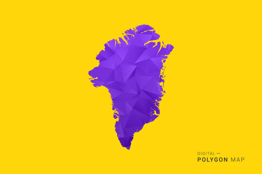 Greenland Map - Low poly polygon map in vibrant purple gradient on bold yellow background, modern minimal geometric style, clean digital vector illustration.