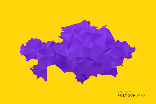 Kazakhstan Map - Low poly polygon map in vibrant purple gradient on bold yellow background, modern minimal geometric style, clean digital vector illustration.