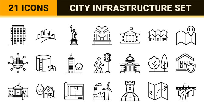 Urban Infrastructure and Smart City Planning Minimalist Monoline Outline Icons for Professional Architectural Diagrams and Digital Maps