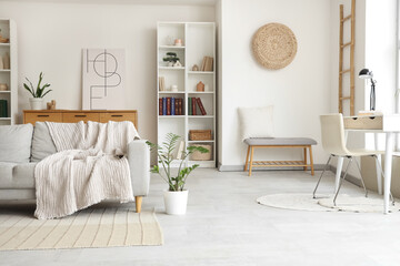 Fototapeta premium Interior of stylish living room with grey sofa, houseplant and shelving unit