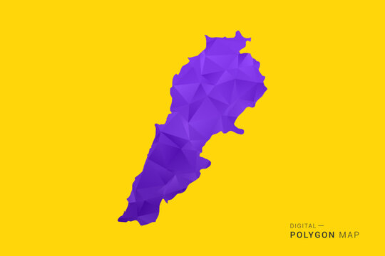 Lebanon Map - Low poly polygon map in vibrant purple gradient on bold yellow background, modern minimal geometric style, clean digital vector illustration.