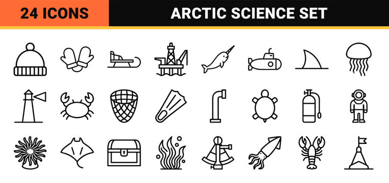 Iceberg and Glacier Minimalist Outline Icon Set for Climate Science and Environmental Marine Research Databases