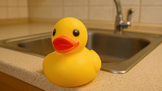 Rubber Duck in the Sink: A cheerful, yellow rubber duck sits contentedly on the edge of a clean kitchen sink, its bright expression promising simple pleasures.