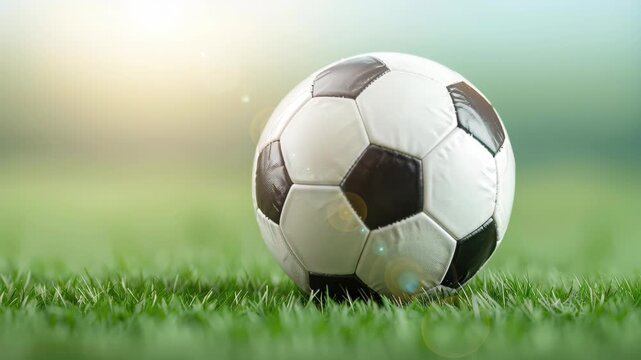 Soccer ball on grass: A close-up shot of a classic soccer ball resting peacefully on a bed of vibrant green grass, evoking a sense of calm before the start of an exciting match.