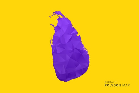 Sri Lanka Map - Low poly polygon map in vibrant purple gradient on bold yellow background, modern minimal geometric style, clean digital vector illustration.
