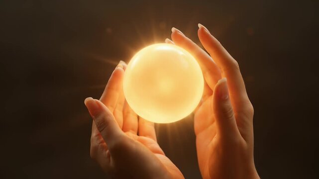 Close up of hands carefully holding a glowing golden orb that radiates bright beams of light against a dark background, evoking a sense of magic, prophecy, and spiritual power.
