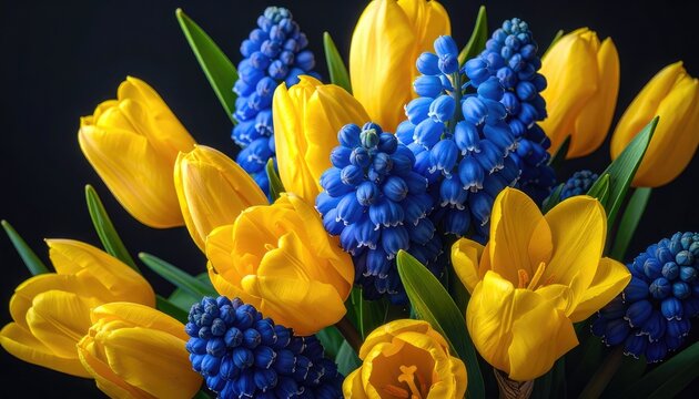 A vibrant bouquet of yellow tulips and blue grape hyacinths.