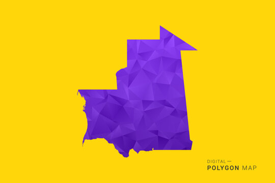 Mauritania Map - Low poly polygon map in vibrant purple gradient on bold yellow background, modern minimal geometric style, clean digital vector illustration.