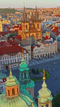  Aerial view of Old Town Square the historic city center of Prague, Czech Republic at sunny day