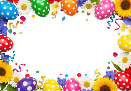 Colorful Easter eggs and flowers border frame with confetti