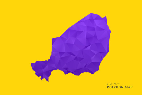 Niger Map - Low poly polygon map in vibrant purple gradient on bold yellow background, modern minimal geometric style, clean digital vector illustration.