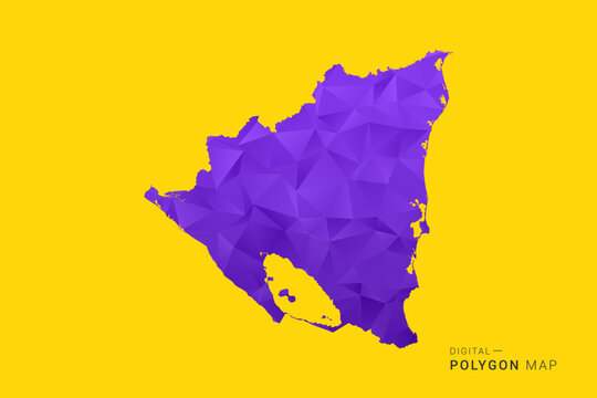 Nicaragua Map - Low poly polygon map in vibrant purple gradient on bold yellow background, modern minimal geometric style, clean digital vector illustration.