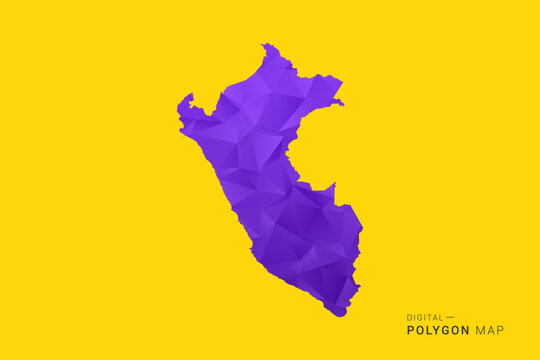 Peru Map - Low poly polygon map in vibrant purple gradient on bold yellow background, modern minimal geometric style, clean digital vector illustration.