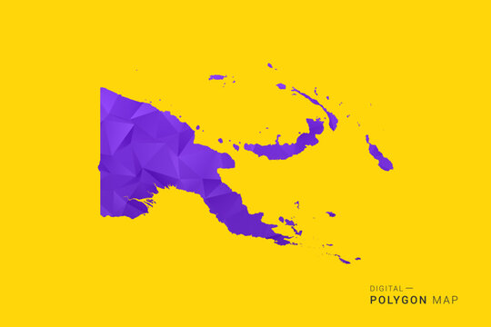 Papua New Guinea Map - Low poly polygon map in vibrant purple gradient on bold yellow background, modern minimal geometric style, clean digital vector illustration.