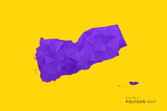 Yemen Map - Low poly polygon map in vibrant purple gradient on bold yellow background, modern minimal geometric style, clean digital vector illustration.