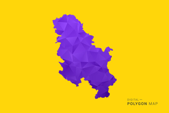Serbia Map - Low poly polygon map in vibrant purple gradient on bold yellow background, modern minimal geometric style, clean digital vector illustration.