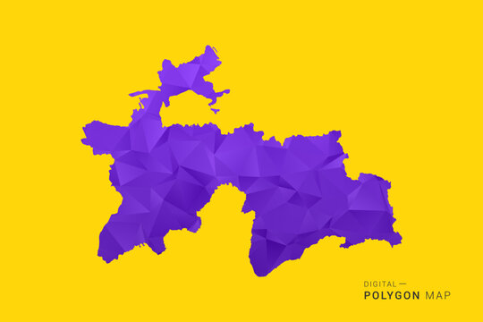 Tajikistan Map - Low poly polygon map in vibrant purple gradient on bold yellow background, modern minimal geometric style, clean digital vector illustration.