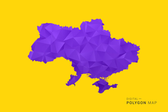 Ukraine Map - Low poly polygon map in vibrant purple gradient on bold yellow background, modern minimal geometric style, clean digital vector illustration.