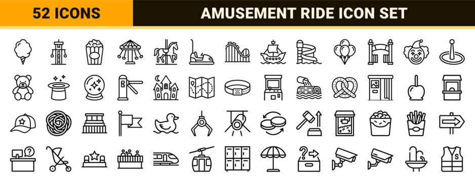 Amusement Park and Carnival Attractions Ultra-Minimalist Monoline Icons for Theme Park Wayfinding and Leisure Entertainment Branding