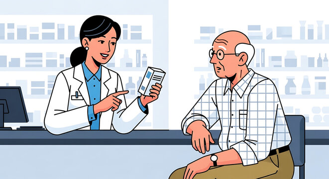 A pharmacist discussing medication with a senior citizen at a pharmacy counter