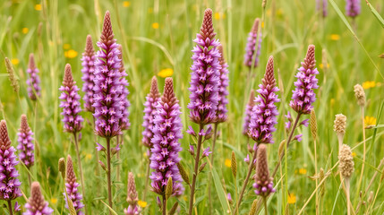 Obraz premium wildly blooming calluna vulgaris settled in an uncut meadow the flowering period ranges from late summer to autumn the nodding flowers are in a dense racemose inflorescence with bracts