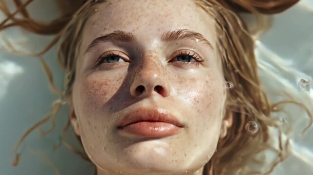  Skin hydration and radiant glow effect after applying moisturizing serum or cream. Cinematic video of a beautiful young redhead woman with freckles relaxing in water with moving sun caustic