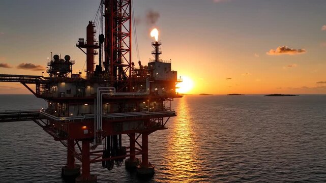 Offshore oil rig platform extracting crude at sunset in the ocean