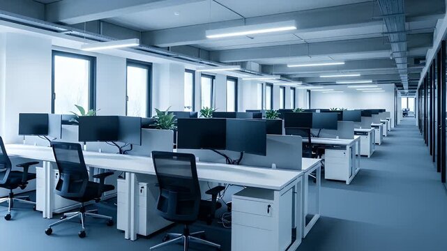 Rows of empty modern office workstations with multiple computer monitors and ergonomic chairs awaiting corporate professionals in a bright workspace environment.